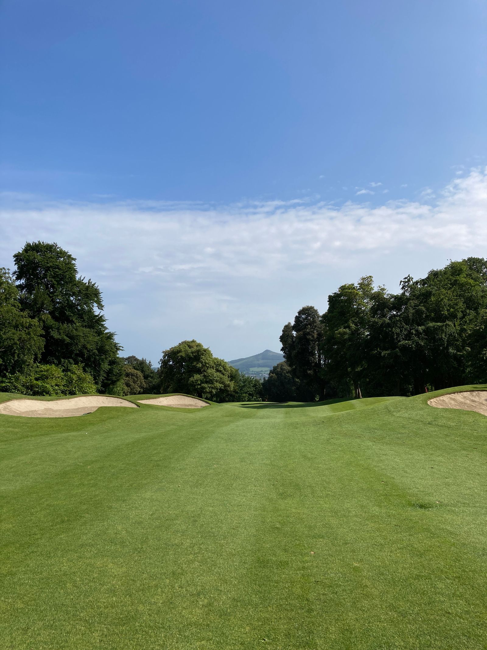 Manicured green fairway framed by bunkers and trees